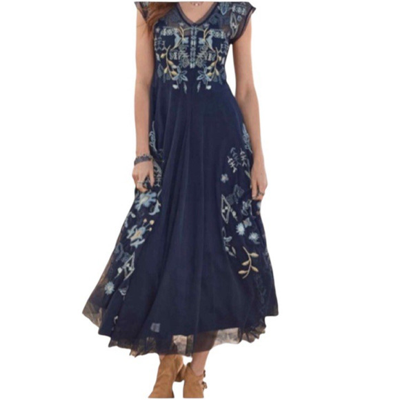 JOHNNY WAS BIYA Mesa Size Small Navy Blue Mesh Floral Embroidery Boho Maxi Dress - Picture 15 of 16